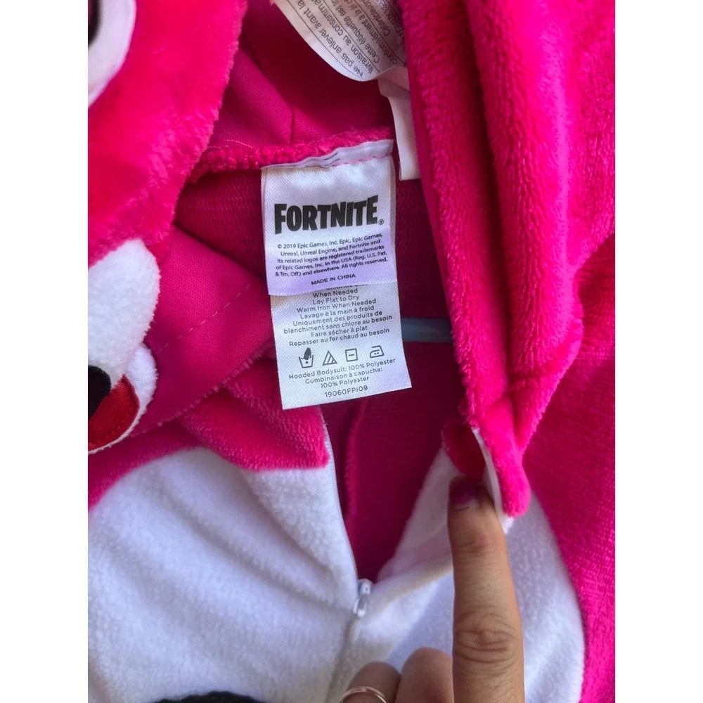 Fortnite Cuddle Team Leader Pink Bear Costume Hooded Bodysuit Youth Large 10-12